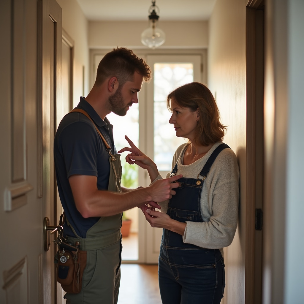 Handwerker im Gespräch mit einem Hausbesitzer über anstehende Reparaturen