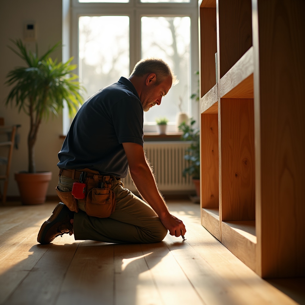 Handwerker bei der Möbelmontage in einem modernen Privathaushalt