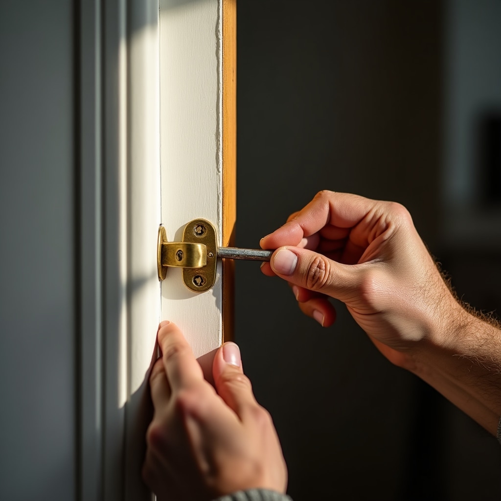 Handwerker repariert ein Türscharnier in einem Wohnhaus