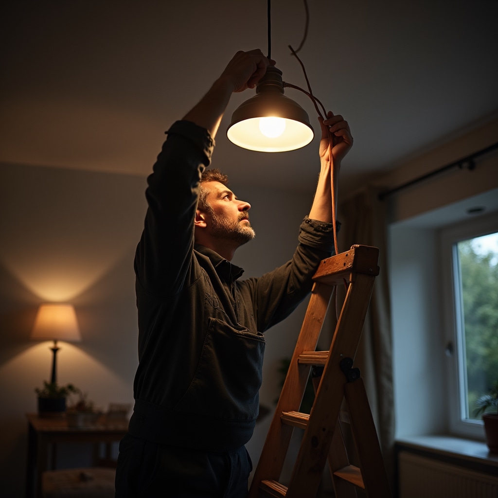 Handwerker montiert eine Deckenleuchte im Wohnbereich