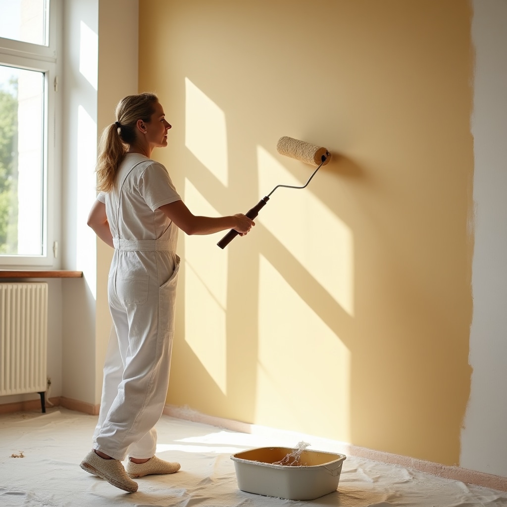 Handwerker streicht eine Wand in einem hellen Wohnraum
