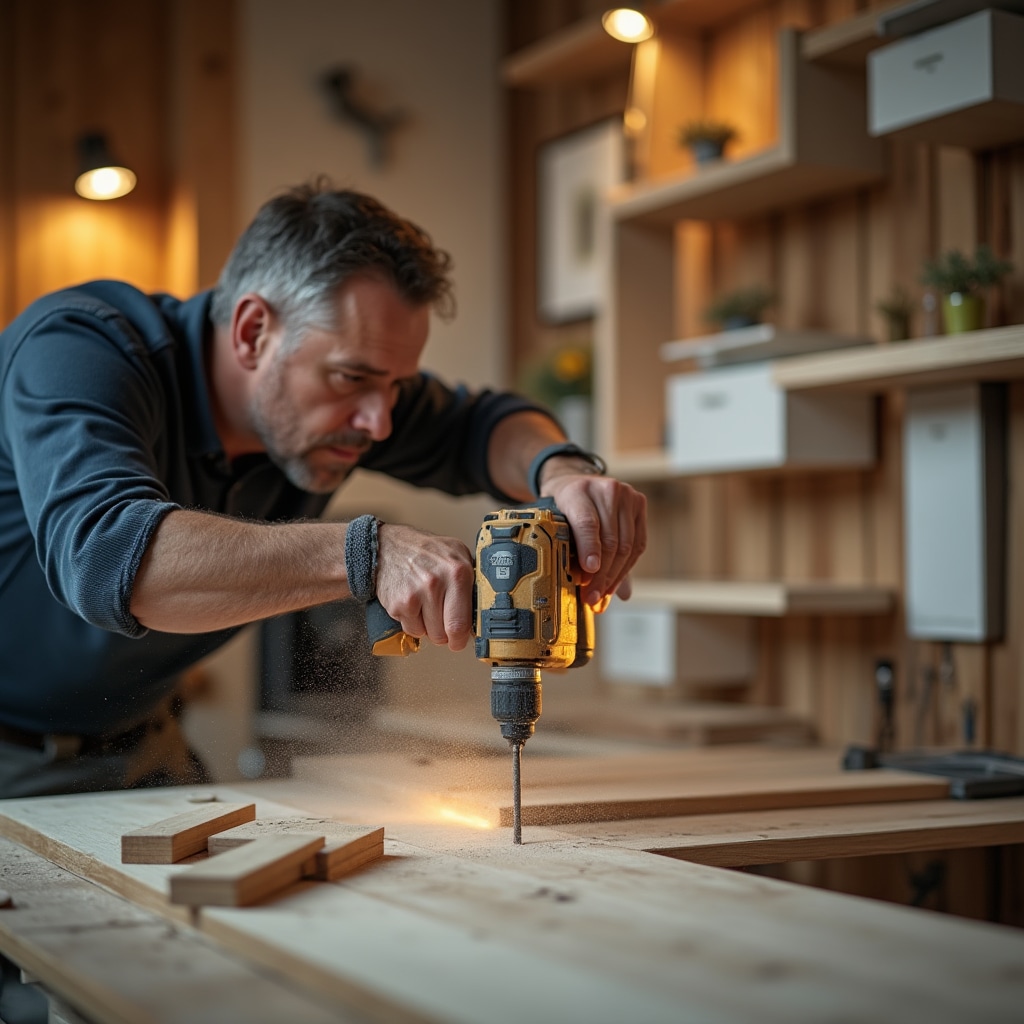 Handwerker baut ein Regal in einem Wohnzimmer auf