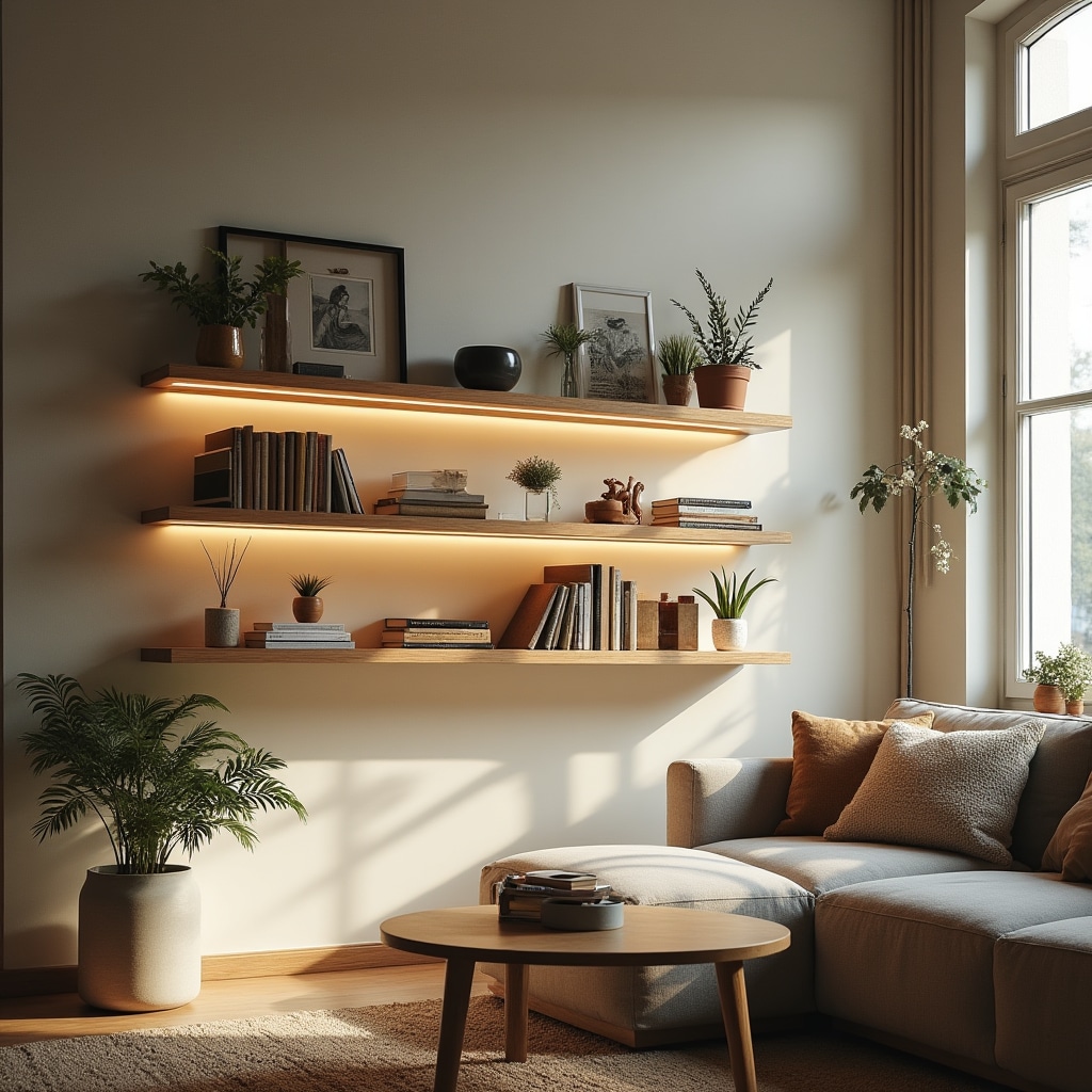 Fertig montiertes Wandregal im modernen Wohnzimmer